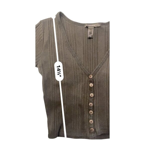 short sleeve cropped v-neck button front ribbed top M - Picture 5 of 6